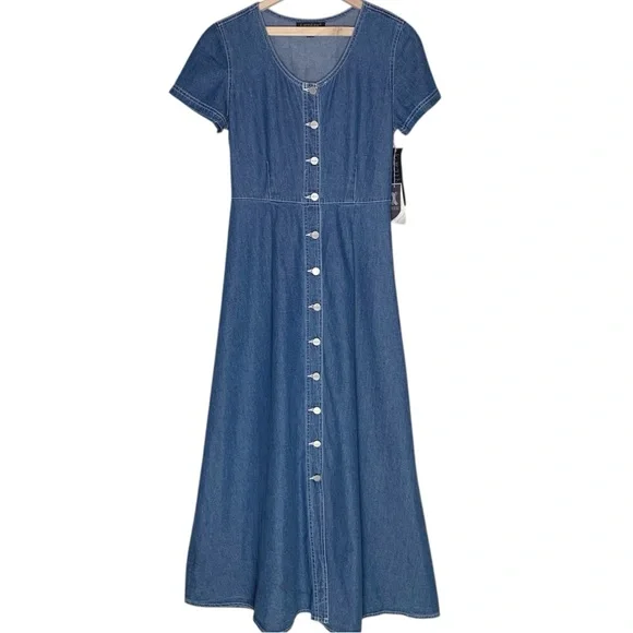 Karen Kane 90s Denim Maxi Dress Button Front Size 6 NWTOS USA Boho Cottage - Picture 1 of 13